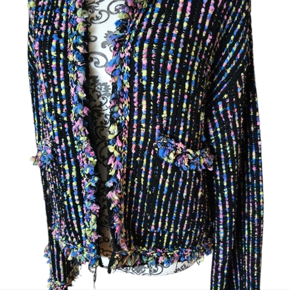 Zara multicolor knit tweed open front fringe cardigan size large - Picture 3 of 15